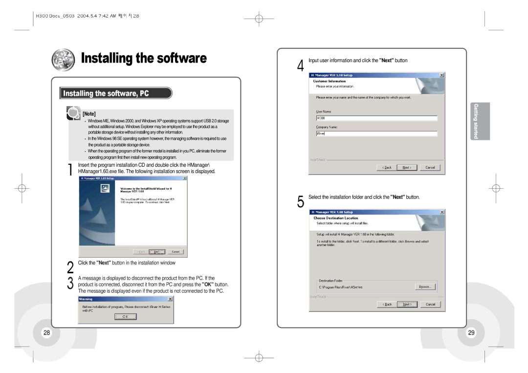 IRiver H300 instruction manual Installing the software, PC 