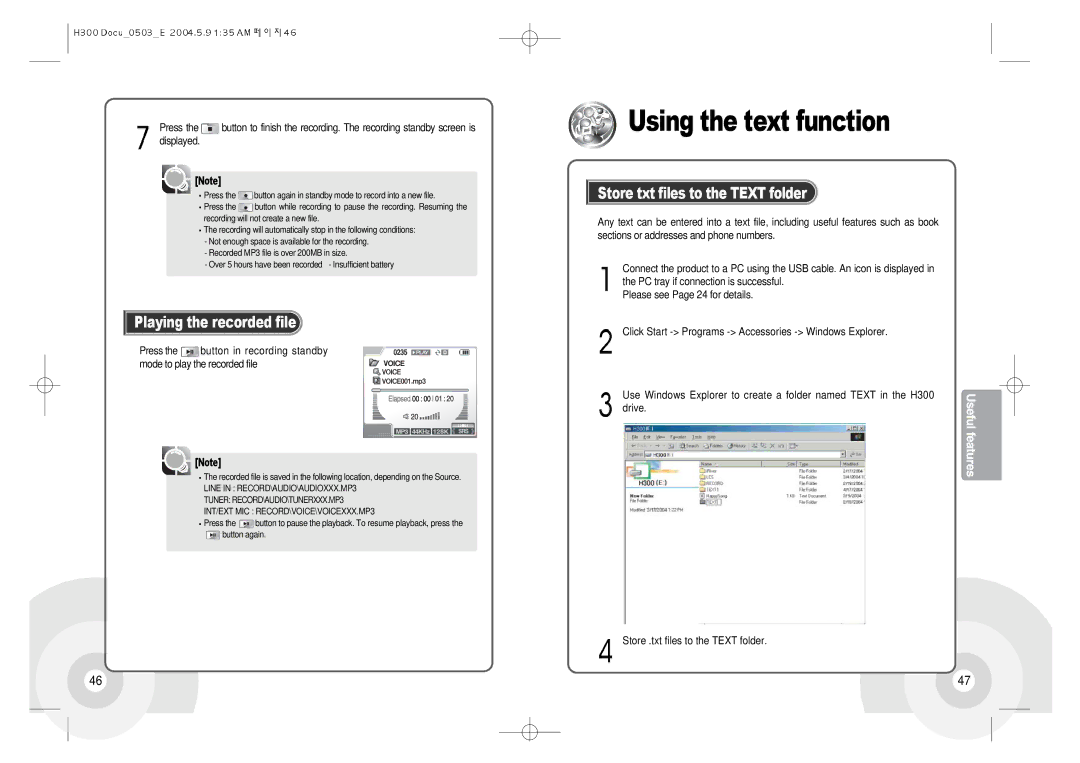 IRiver H300 instruction manual Using the text function, Playing the recorded file, Store txt files to the Text folder 