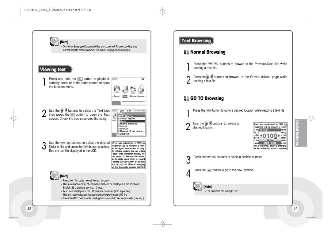 IRiver H300 instruction manual Viewing text, Text Browsing, Normal Browsing, GO to Browsing 