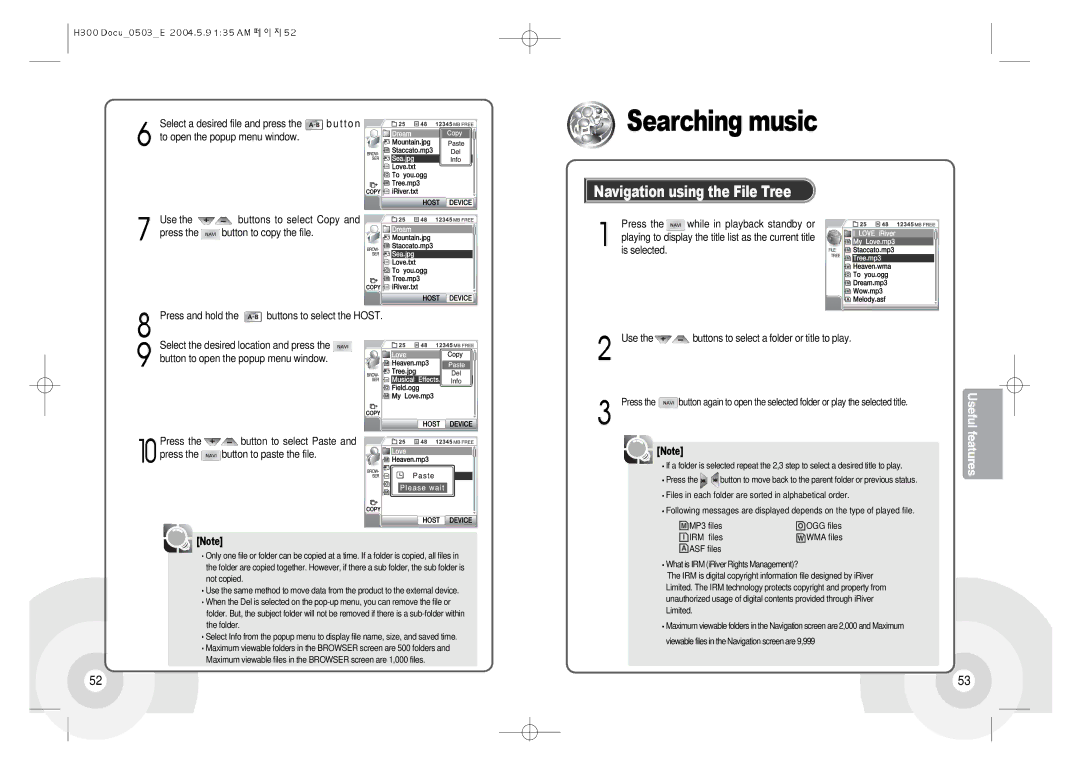 IRiver H300 instruction manual Searching music, Navigation using the File Tree 