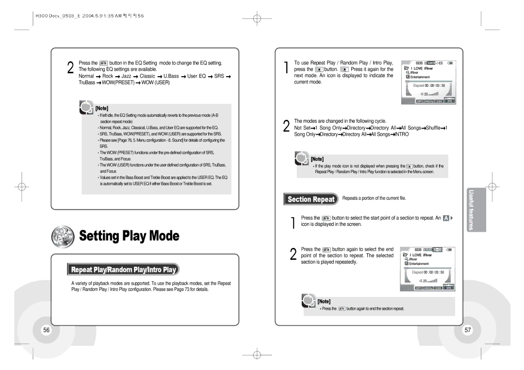 IRiver H300 instruction manual Setting Play Mode, Repeat Play/Random Play/Intro Play 