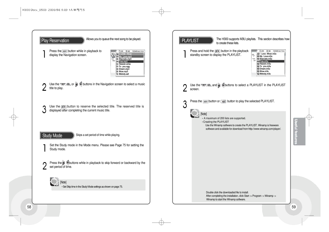 IRiver H300 instruction manual Play Reservation, Study Mode, To create these lists 