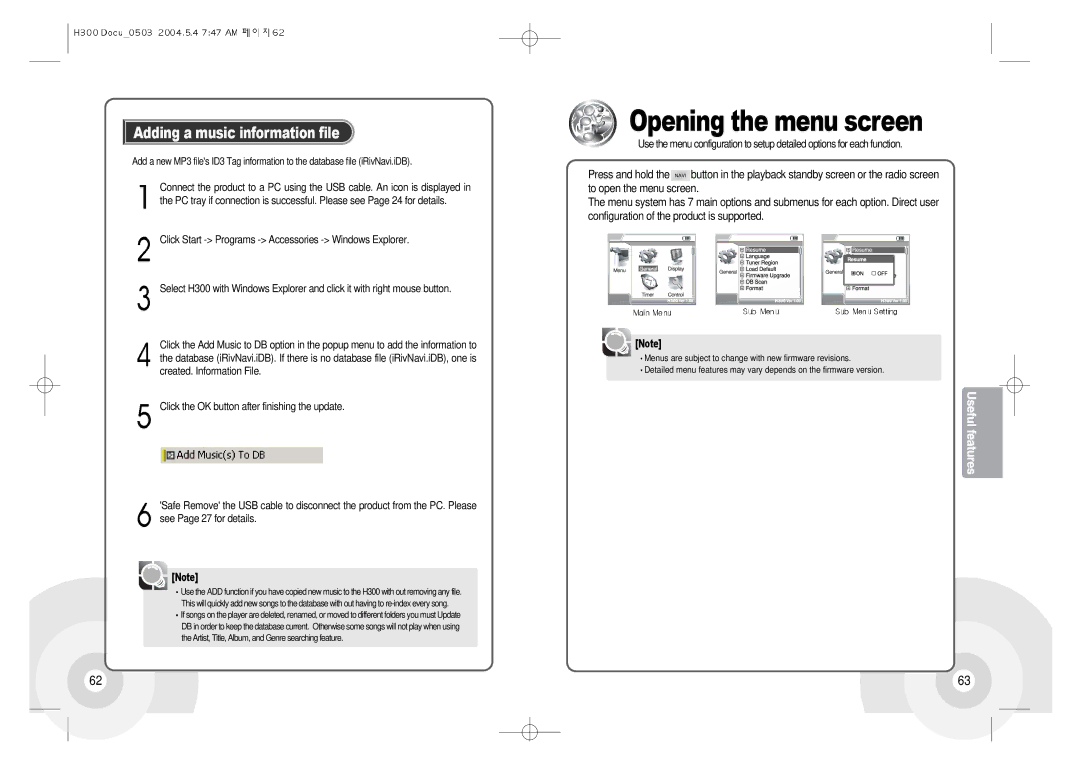 IRiver H300 instruction manual Opening the menu screen, Adding a music information file 