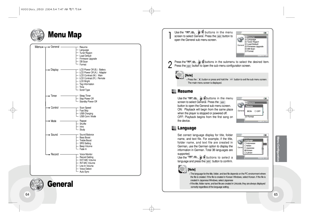 IRiver H300 instruction manual Menu Map, General, Resume, Language 