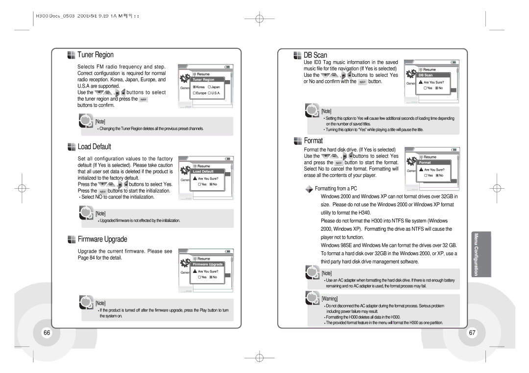 IRiver H300 instruction manual Tuner Region, Load Default, Firmware Upgrade, DB Scan, Format 