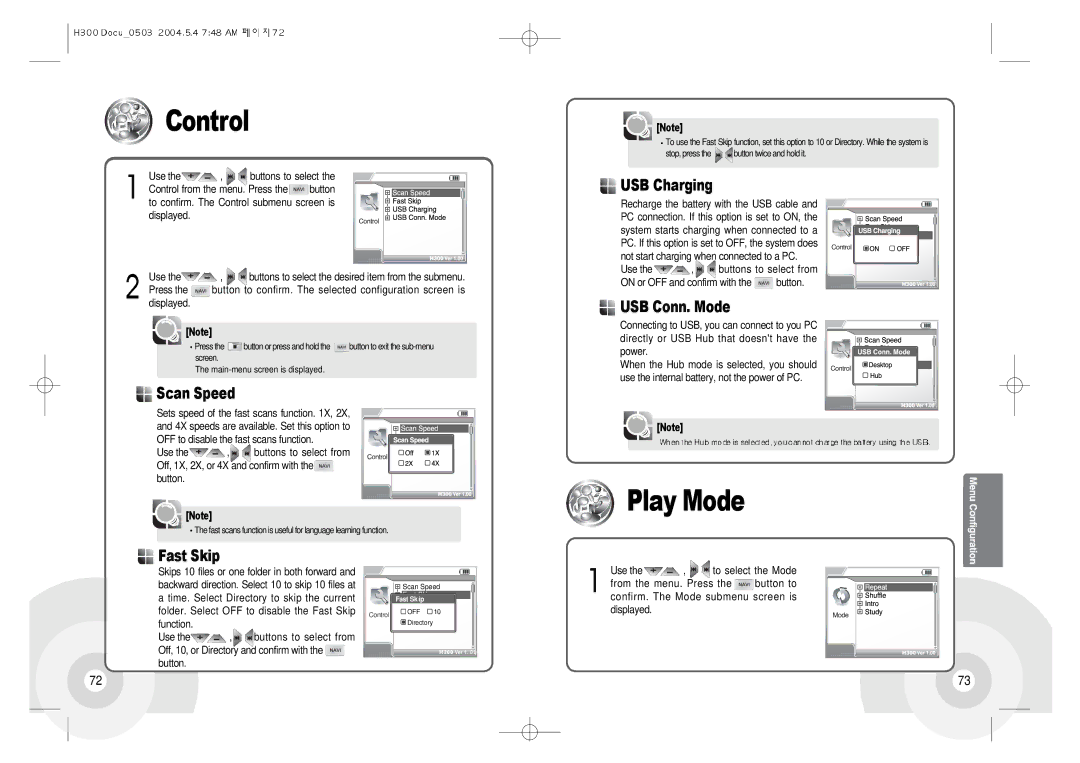 IRiver H300 instruction manual Control, Play Mode 