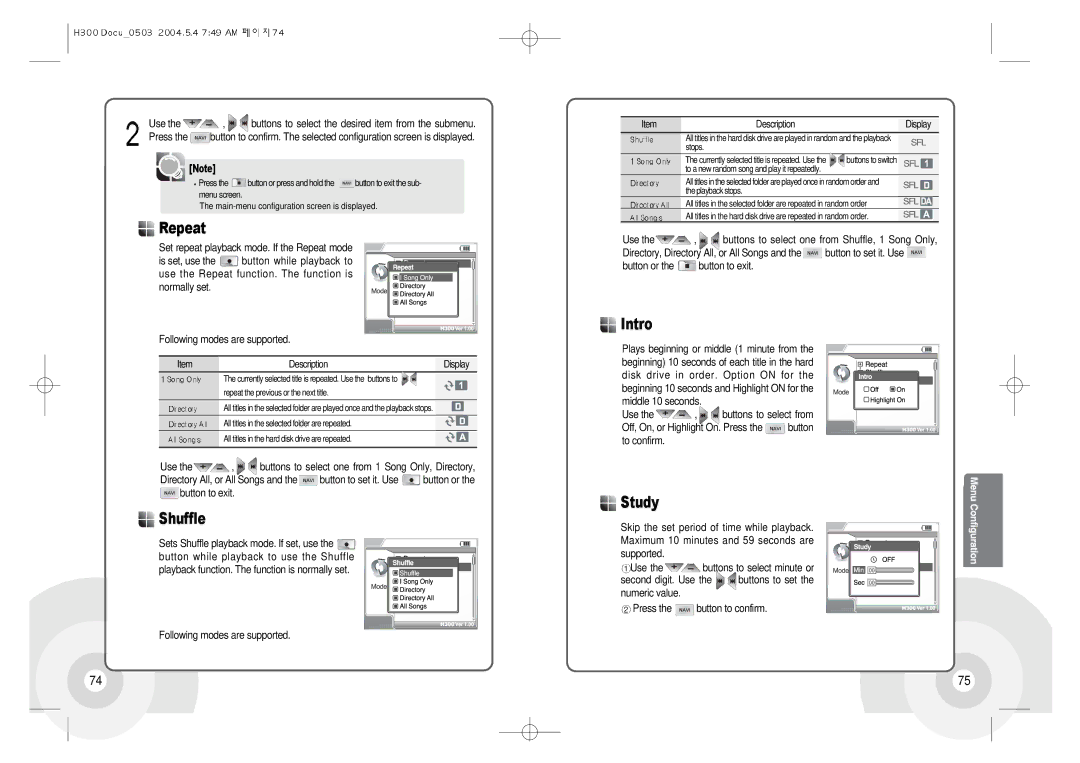 IRiver H300 instruction manual Repeat, Shuffle, Intro, Study 