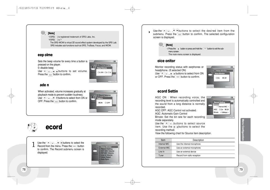 IRiver H300 instruction manual Beep Volume, Fade, Voice Monitor, Record Setting 