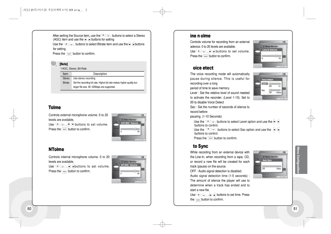 IRiver H300 instruction manual EXT.MIC Volume, INT.MIC Volume, Line In Volume, Voice Detect, Auto Sync 