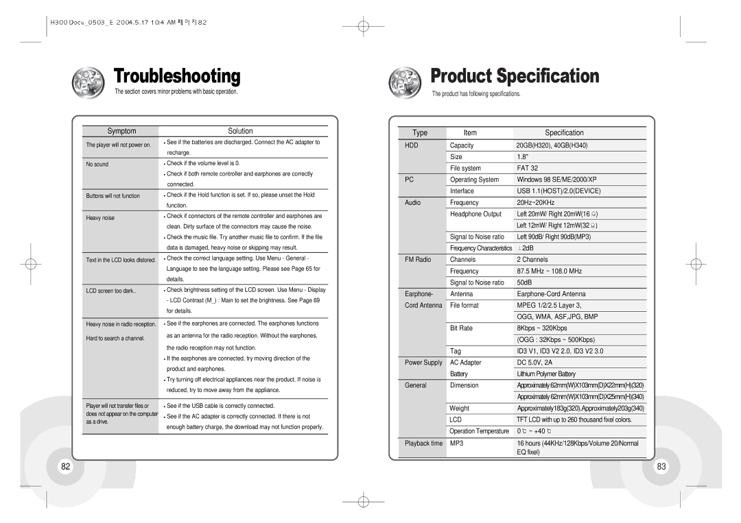 IRiver H300 instruction manual Troubleshooting 