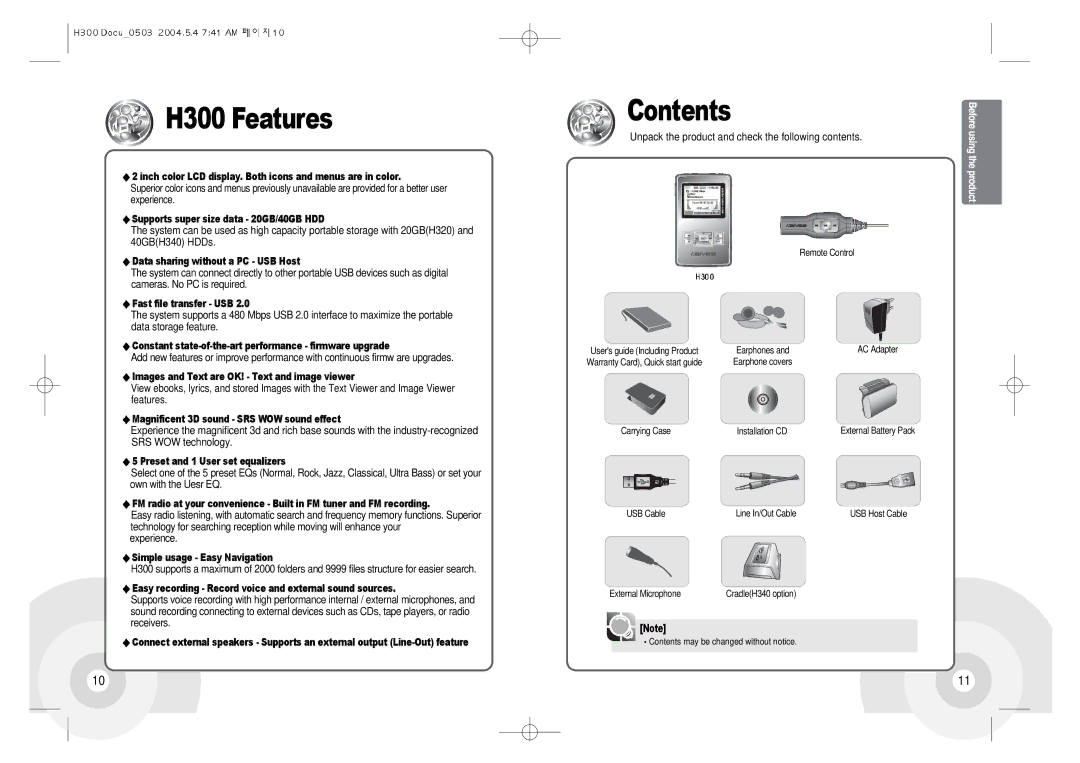 IRiver instruction manual H300 Features, Contents 