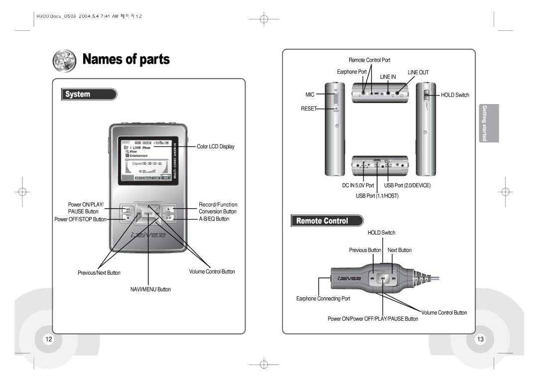 IRiver H300 instruction manual Names of parts, System, Color LCD Display Remote Control Port Earphone Port 