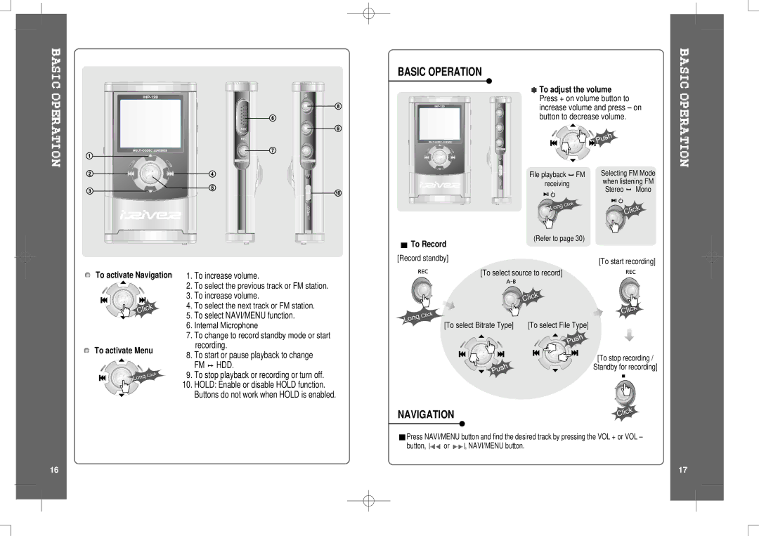 IRiver HP-120 instruction manual Basic Operation, To activate Navigation To activate Menu, To Record 