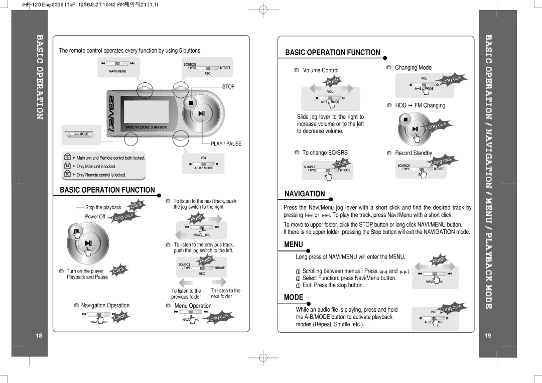 IRiver HP-120 instruction manual Basic Operation Function Navigation, Menu, Mode 