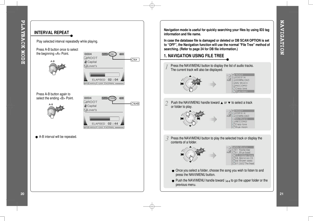 IRiver HP-120 instruction manual Interval Repeat, Navigation Using File Tree 