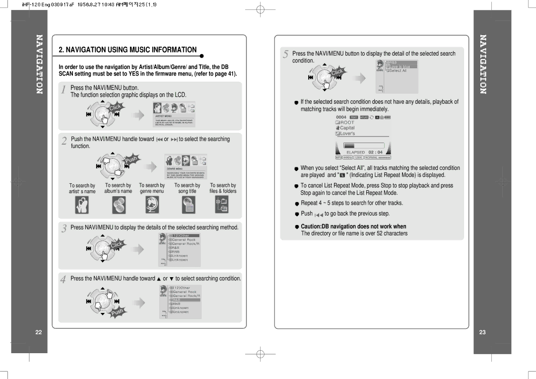 IRiver HP-120 instruction manual Navigation Using Music Information 