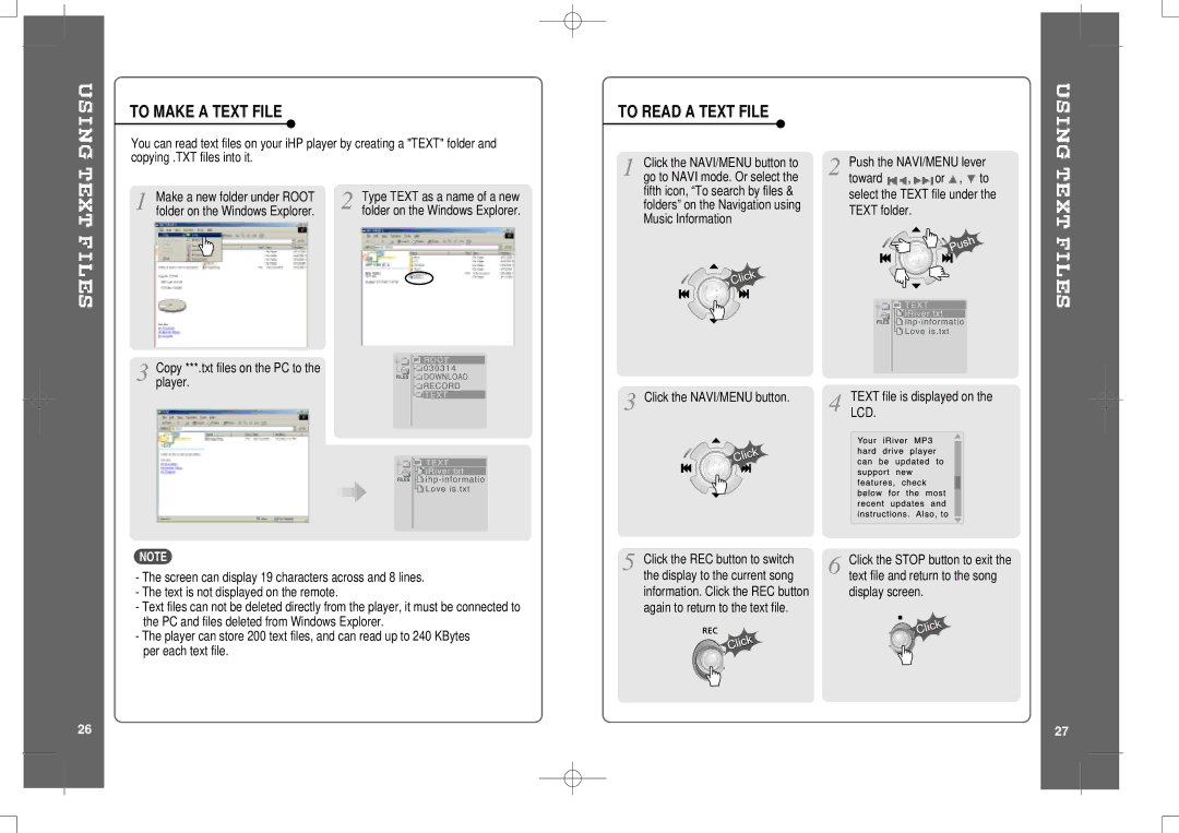 IRiver HP-120 instruction manual To Make a Text File, To Read a Text File 