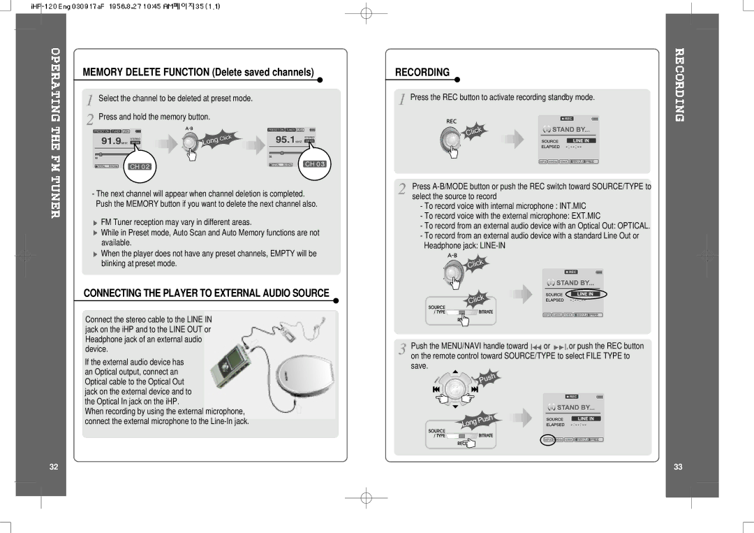 IRiver HP-120 instruction manual Connecting the Player to External Audio Source, Recording 