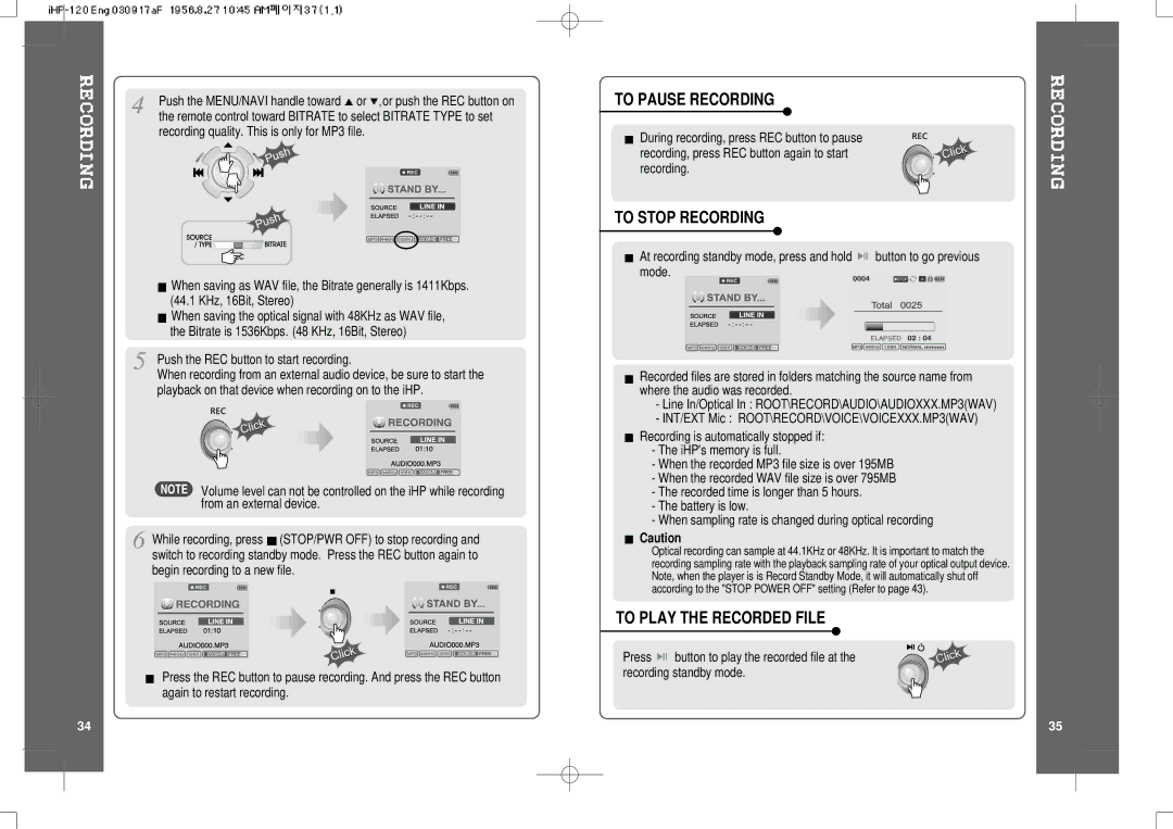 IRiver HP-120 instruction manual To Pause Recording, To Stop Recording, To Play the Recorded File 