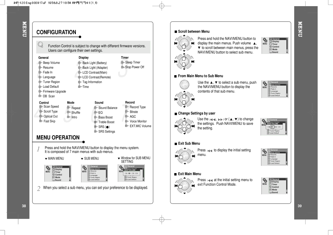 IRiver HP-120 instruction manual Configuration, Menu Operation 