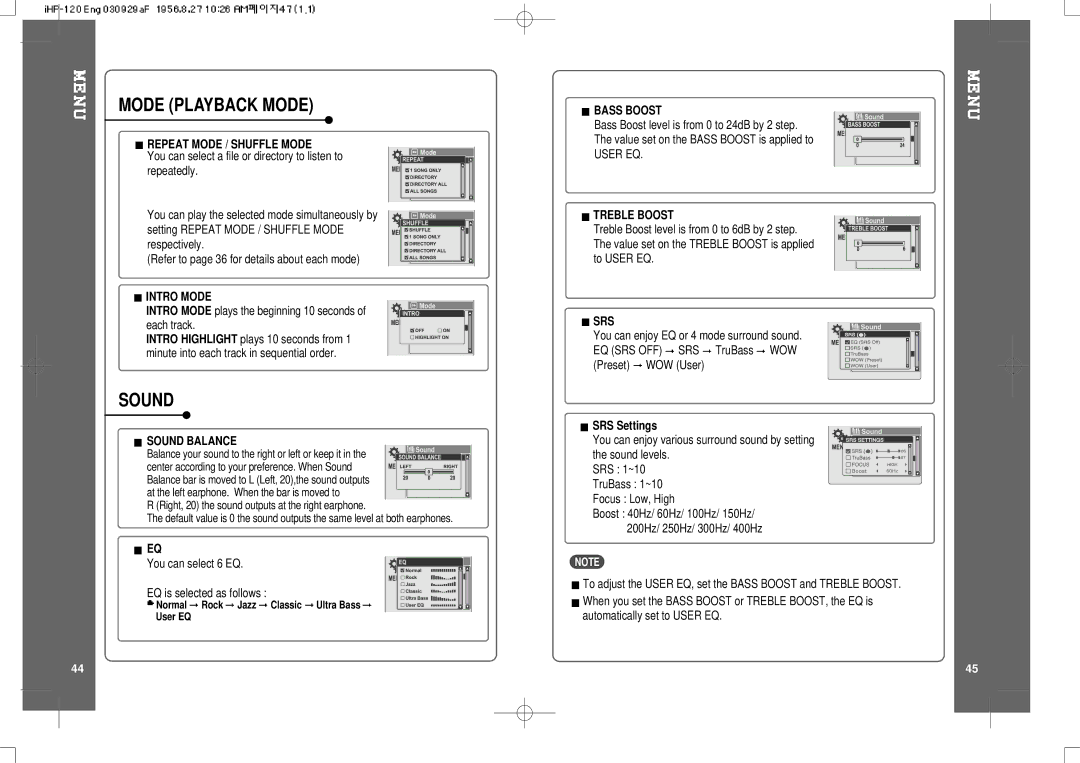 IRiver HP-120 instruction manual Mode Playback Mode, Sound 