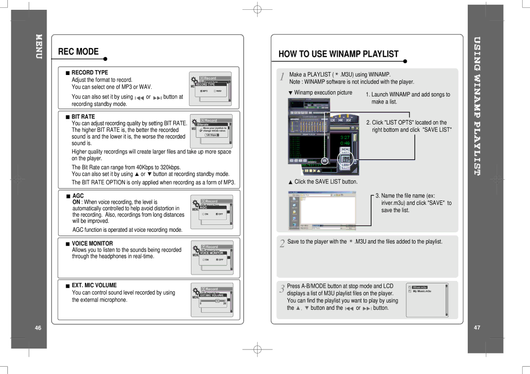 IRiver HP-120 instruction manual REC Mode, HOW to USE Winamp Playlist 