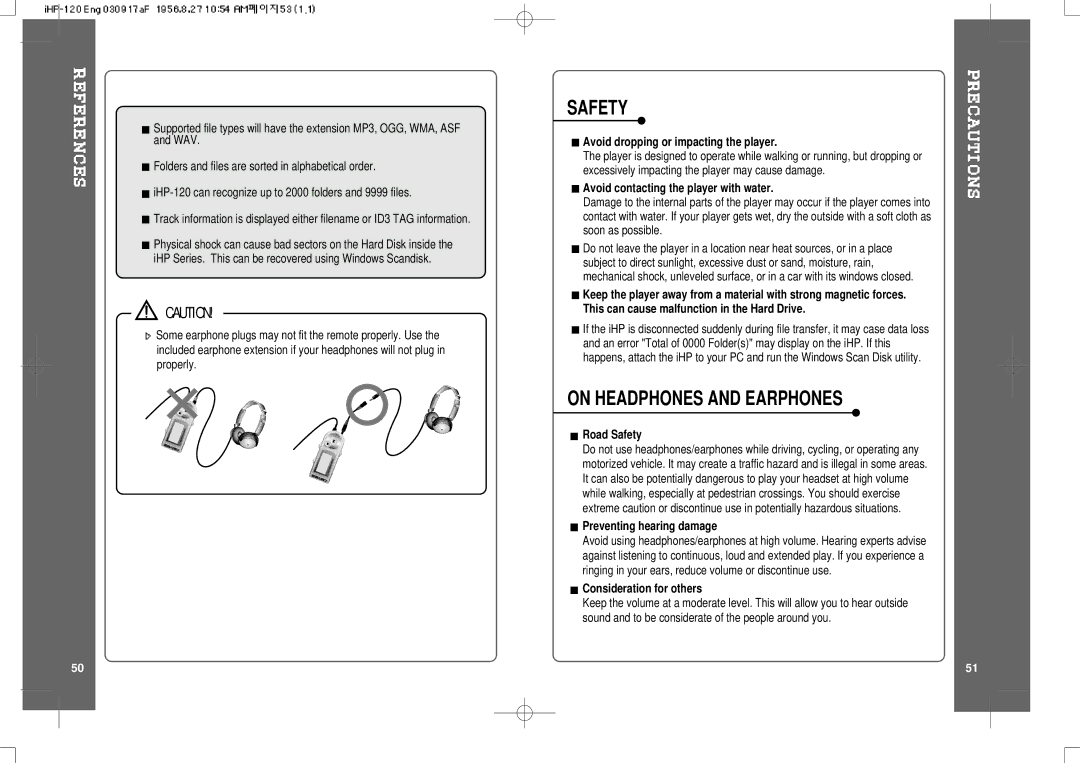 IRiver HP-120 instruction manual Safety, On Headphones and Earphones 