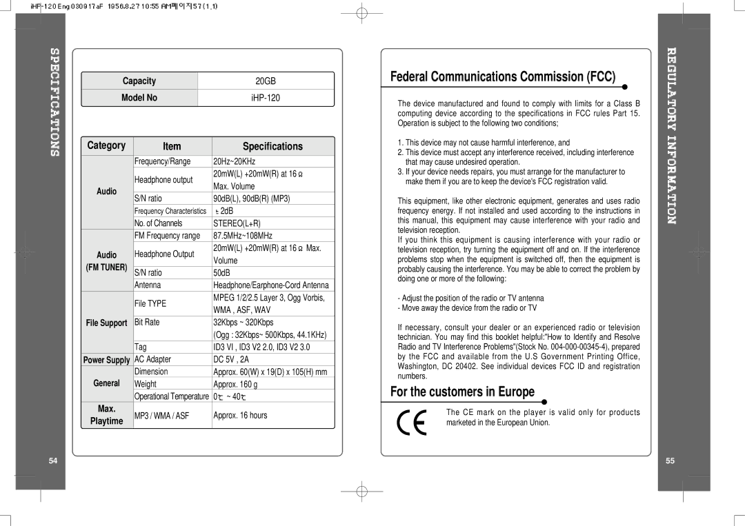 IRiver instruction manual IHP-120, FM Tuner, General 