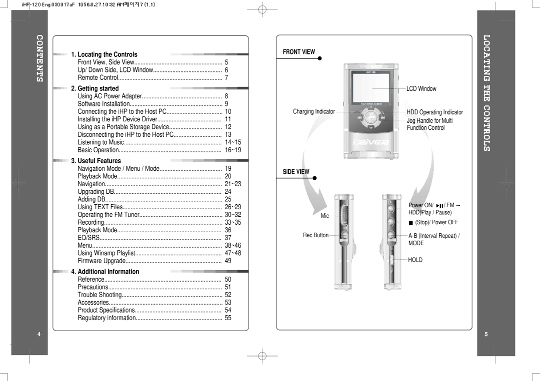 IRiver HP-120 instruction manual Front View, Side View 