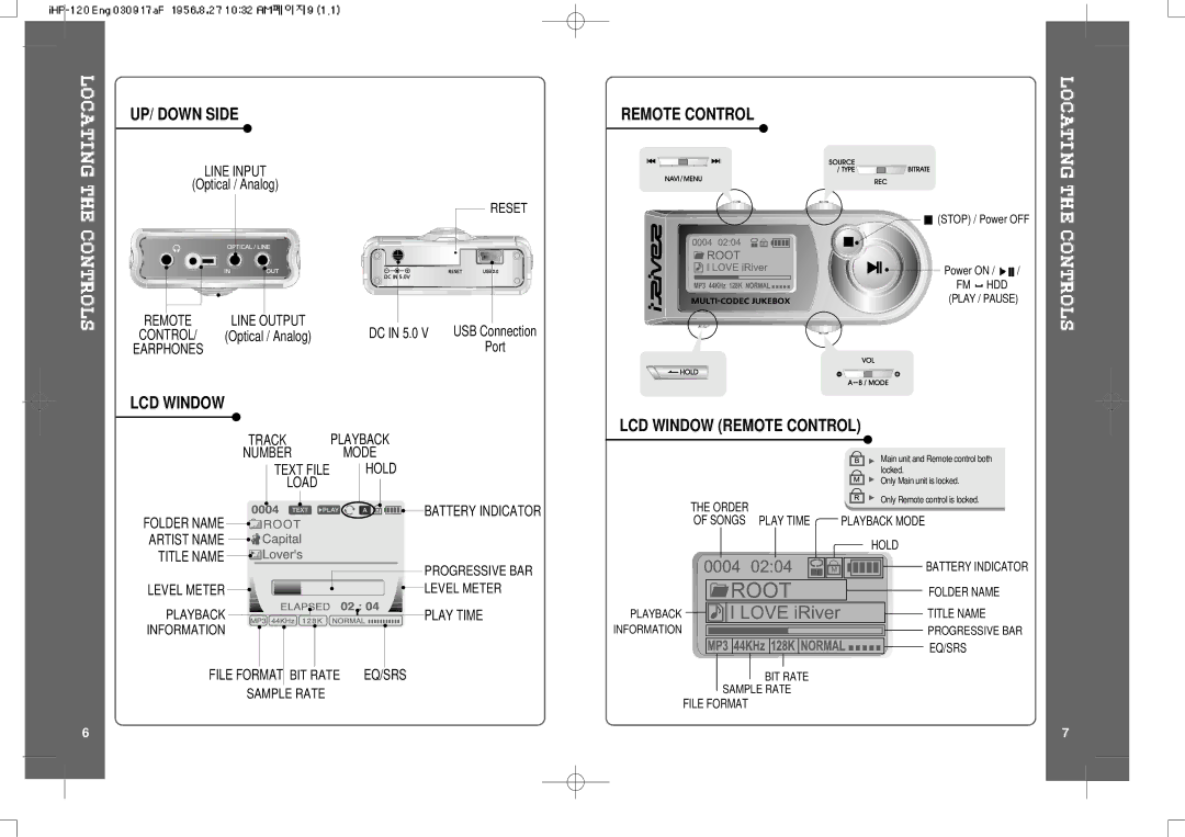 IRiver HP-120 instruction manual UP/ Down Side, LCD Window Remote Control 