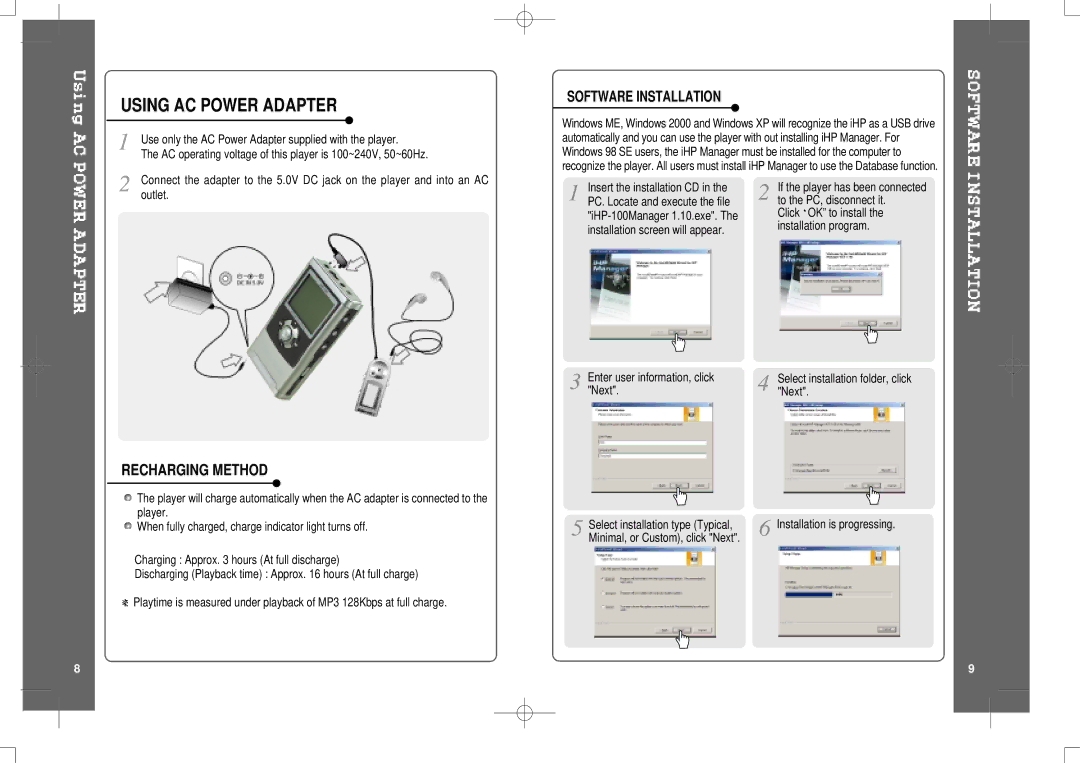 IRiver HP-120 instruction manual Using AC Power Adapter, Recharging Method 