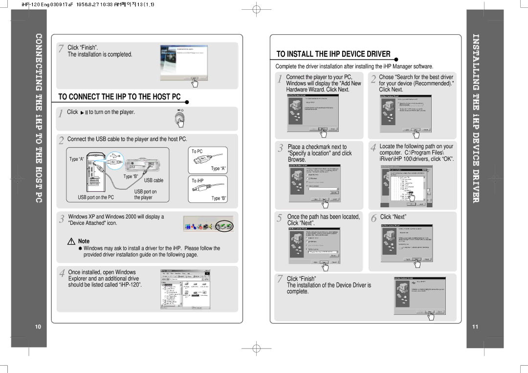 IRiver HP-120 instruction manual To Connect the IHP to the Host PC, To Install the IHP Device Driver 