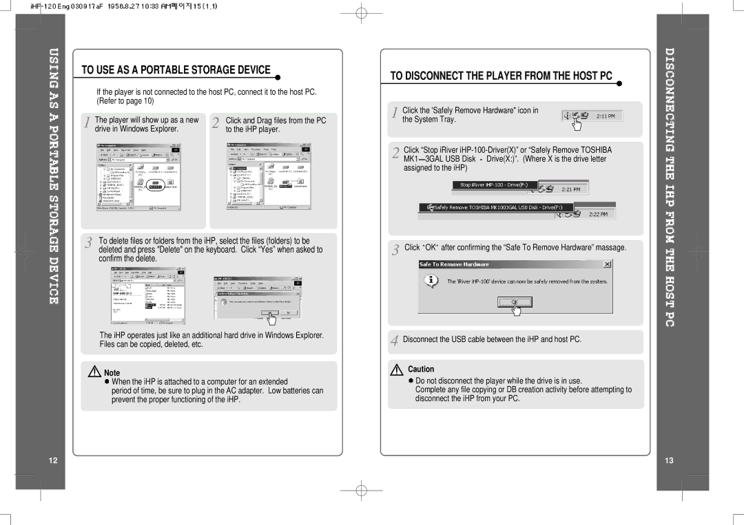 IRiver HP-120 instruction manual To USE AS a Portable Storage Device, To Disconnect the Player from the Host PC 