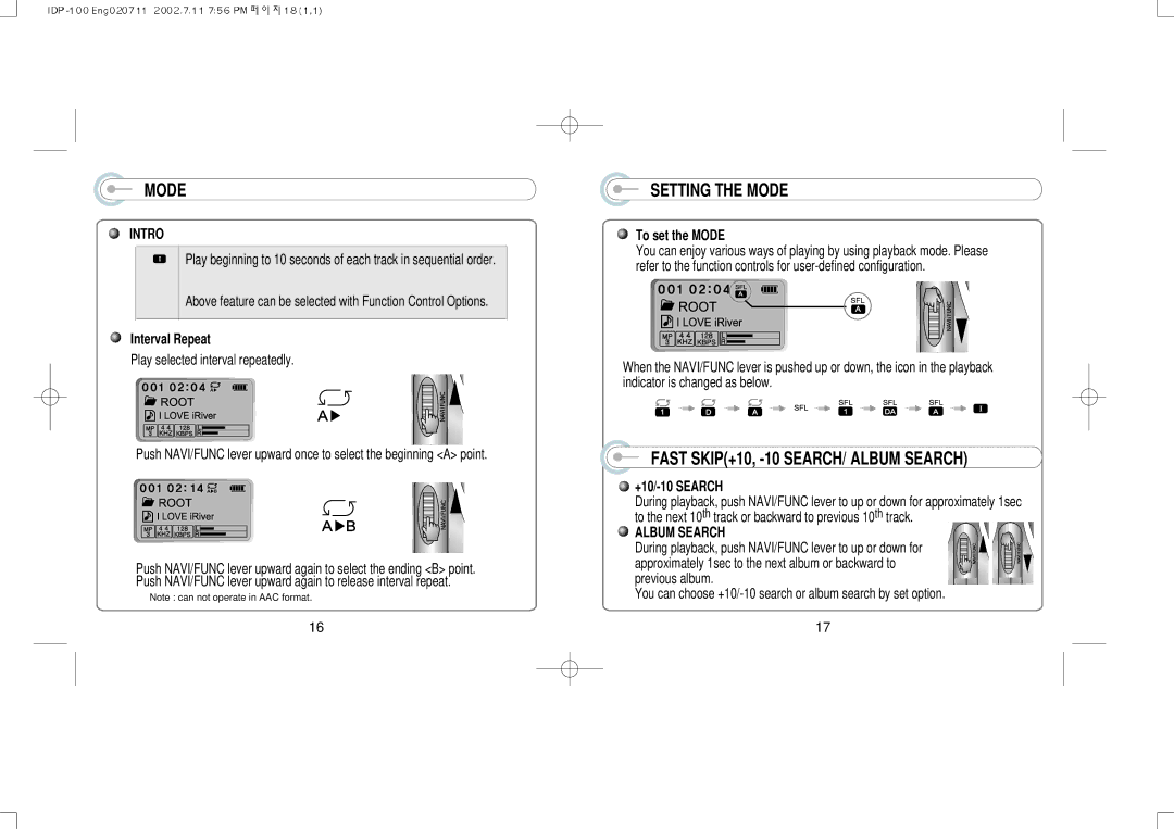 IRiver IDP-100 Setting the Mode, Fast SKIP+10, -10 SEARCH/ Album Search, Interval Repeat, To set the Mode, +10/-10 Search 