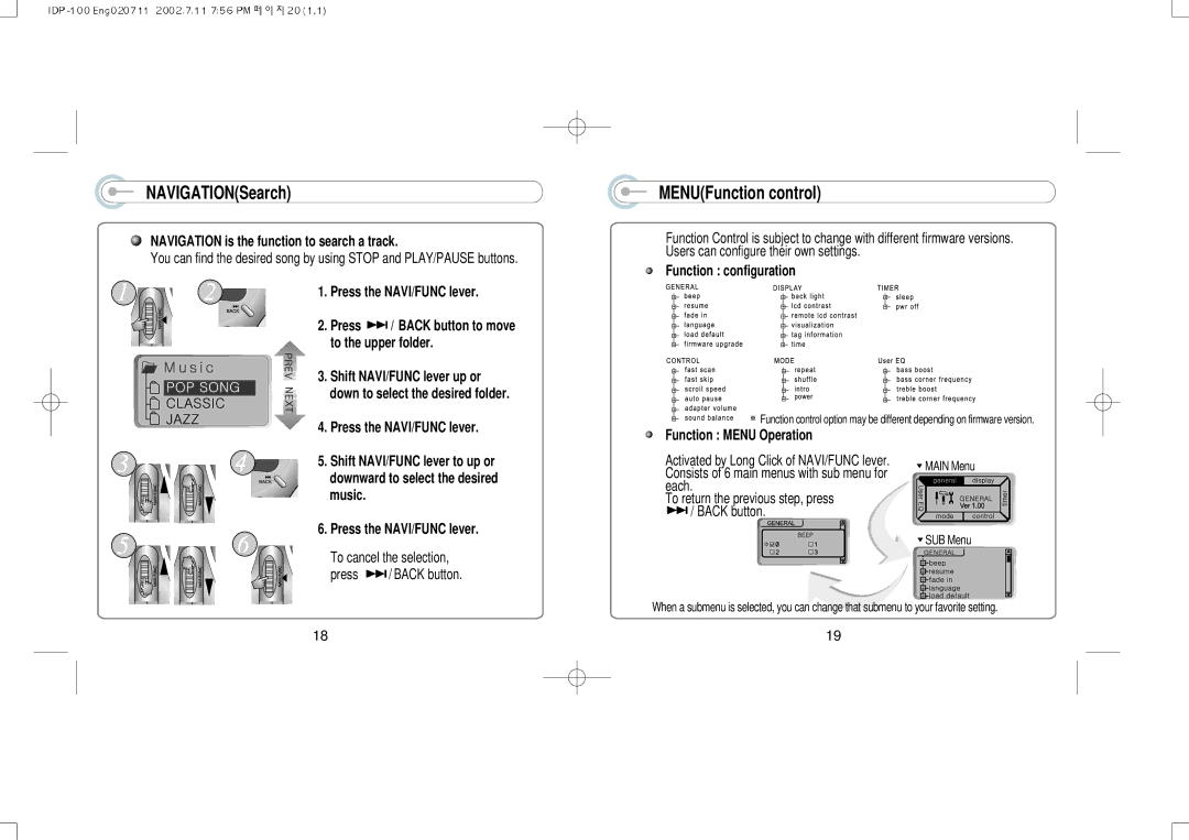 IRiver IDP-100 manual NAVIGATIONSearch, MENUFunction control, Navigation is the function to search a track 