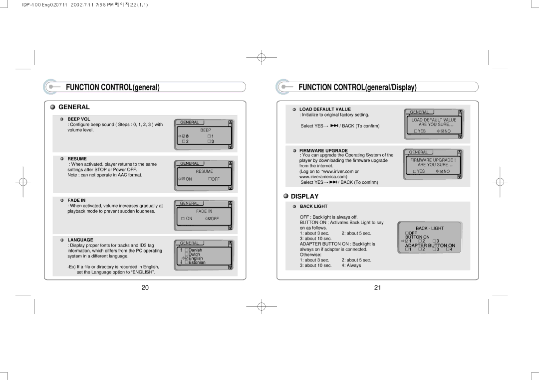 IRiver IDP-100 manual General, Function CONTROLgeneral/Display 