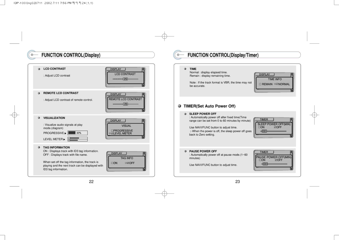 IRiver IDP-100 manual Function CONTROLDisplay/Timer, TIMERSet Auto Power Off 