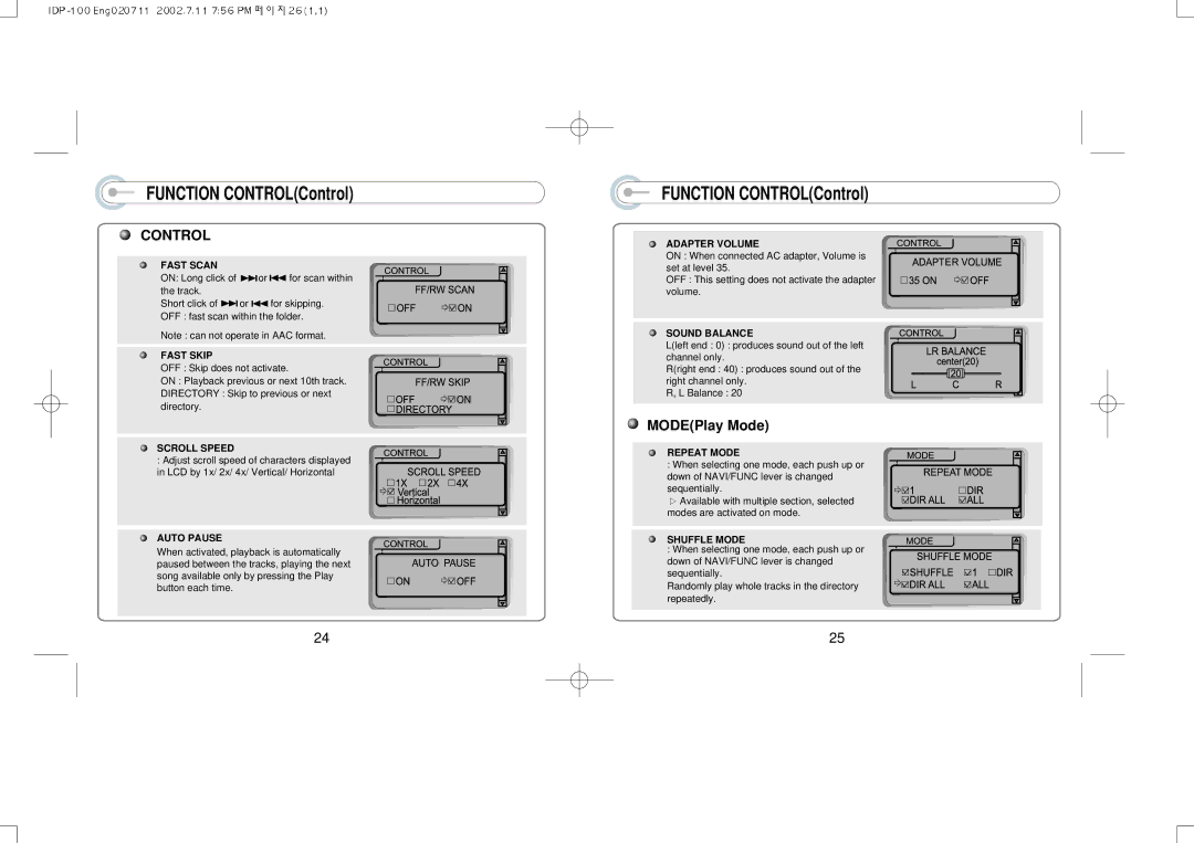 IRiver IDP-100 manual Function CONTROLControl, MODEPlay Mode 
