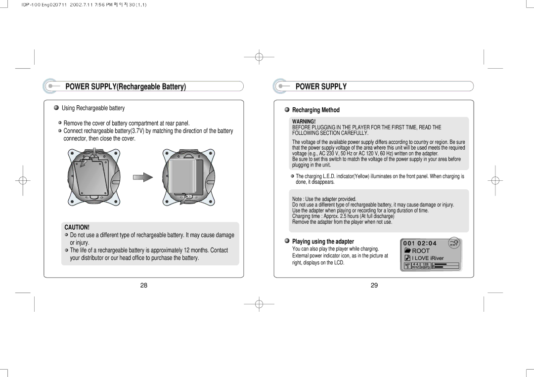 IRiver IDP-100 manual Power SUPPLYRechargeable Battery, Power Supply, Recharging Method, Playing using the adapter 