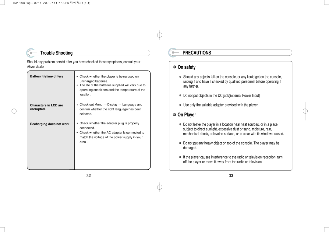 IRiver IDP-100 manual Precautions, On safety, On Player 