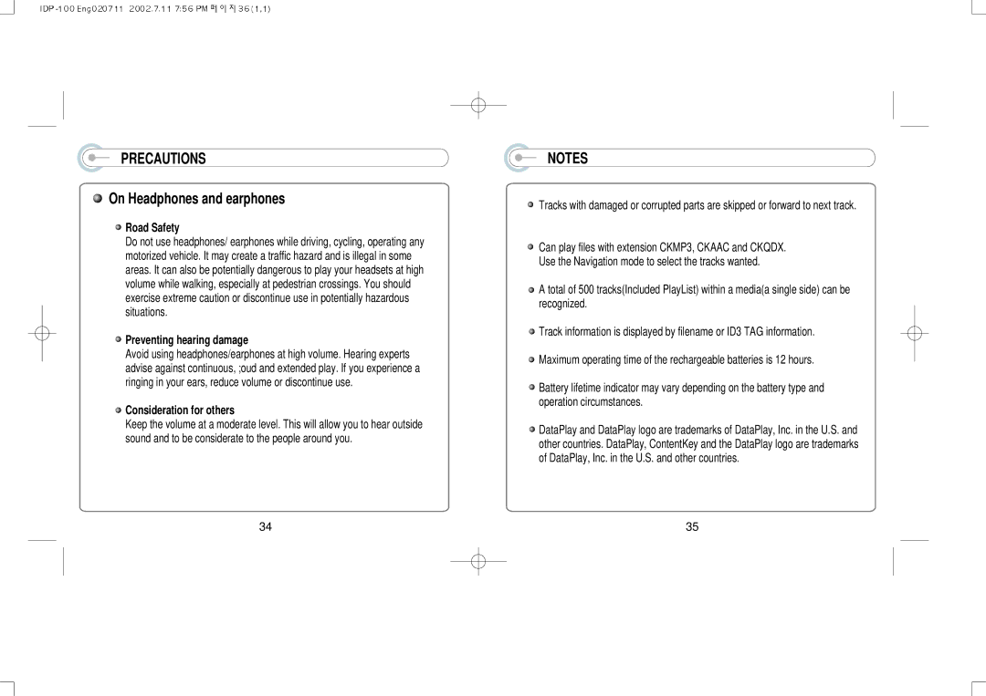 IRiver IDP-100 manual On Headphones and earphones, Road Safety, Preventing hearing damage, Consideration for others 