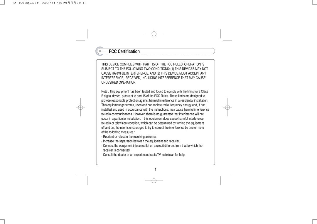 IRiver IDP-100 manual FCC Certification 