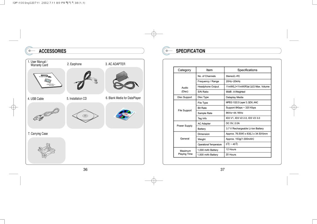 IRiver IDP-100 manual Accessories, Specification 