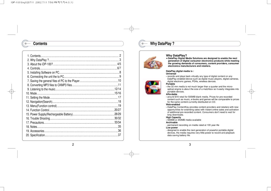 IRiver IDP-100 manual Contents, Why DataPlay ? 