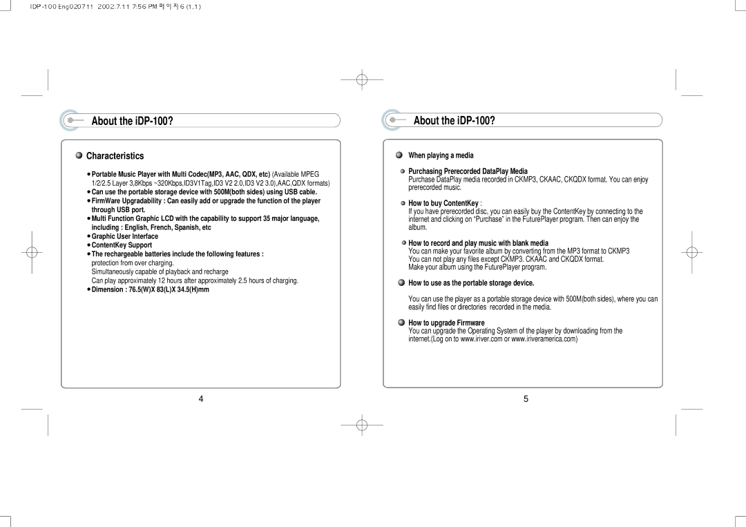 IRiver IDP-100 manual About the iDP-100?, Characteristics 