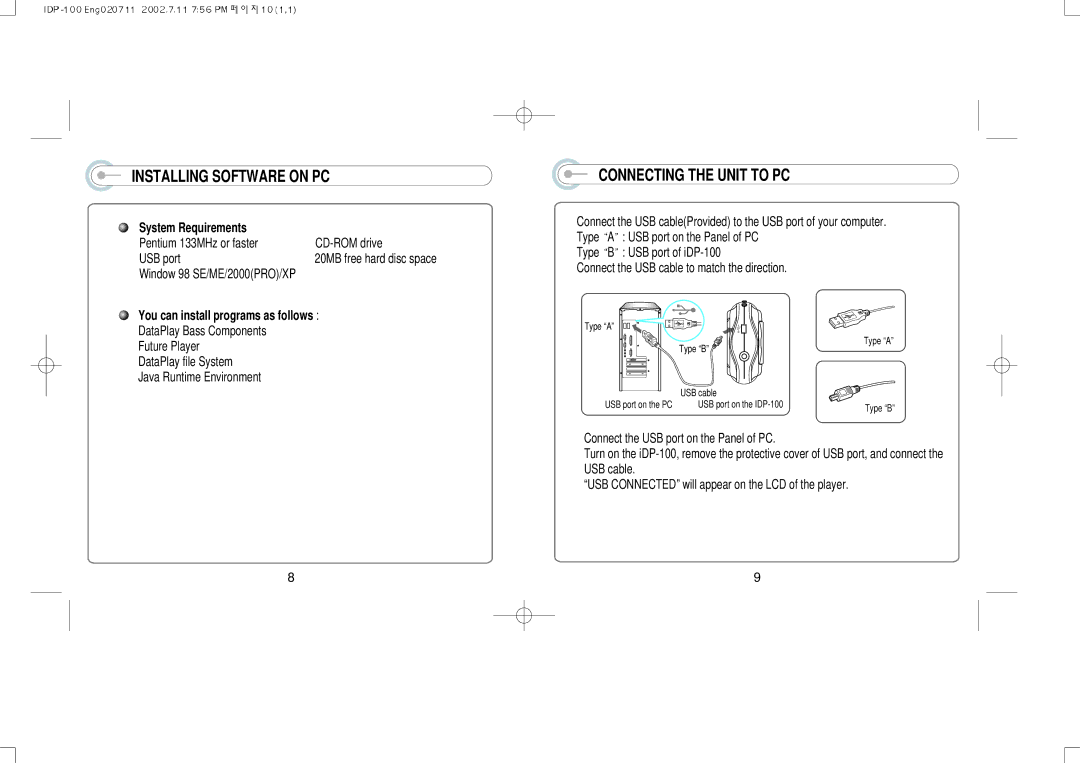 IRiver IDP-100 manual Installing Software on PC, Connecting the Unit to PC, System Requirements 