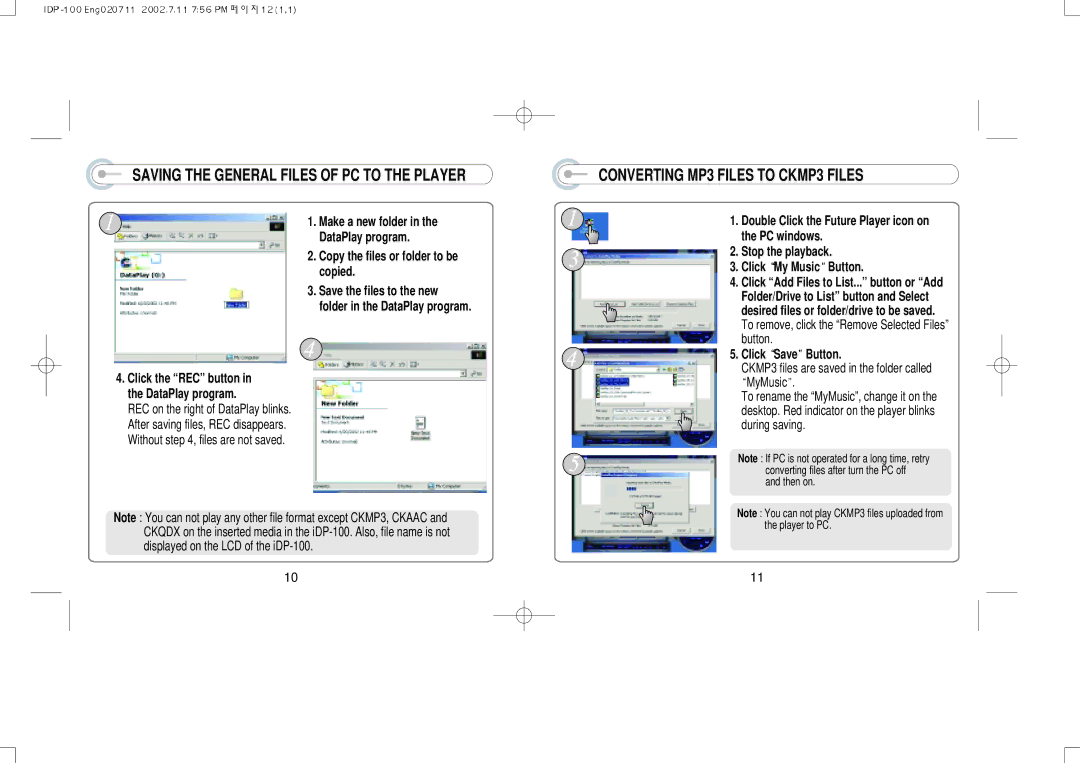 IRiver IDP-100 manual Saving the General Files of PC to the Player, Converting MP3 Files to CKMP3 Files, Click Save Button 