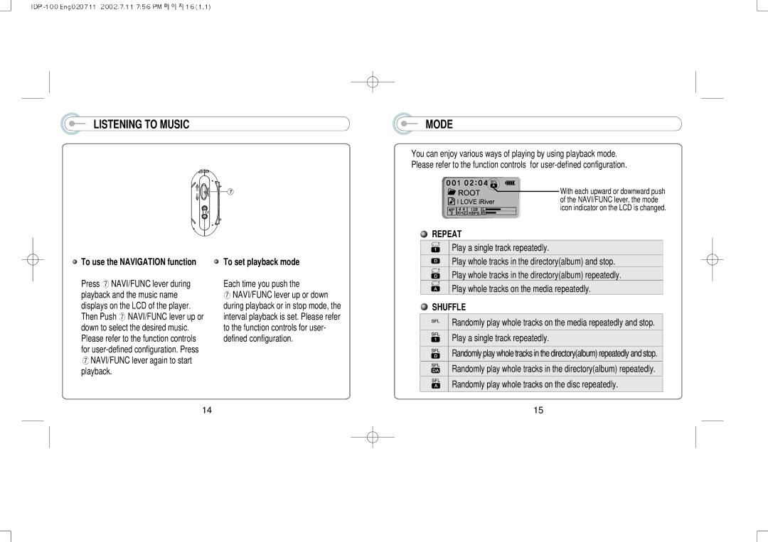 IRiver IDP-100 manual Mode, To use the Navigation function 