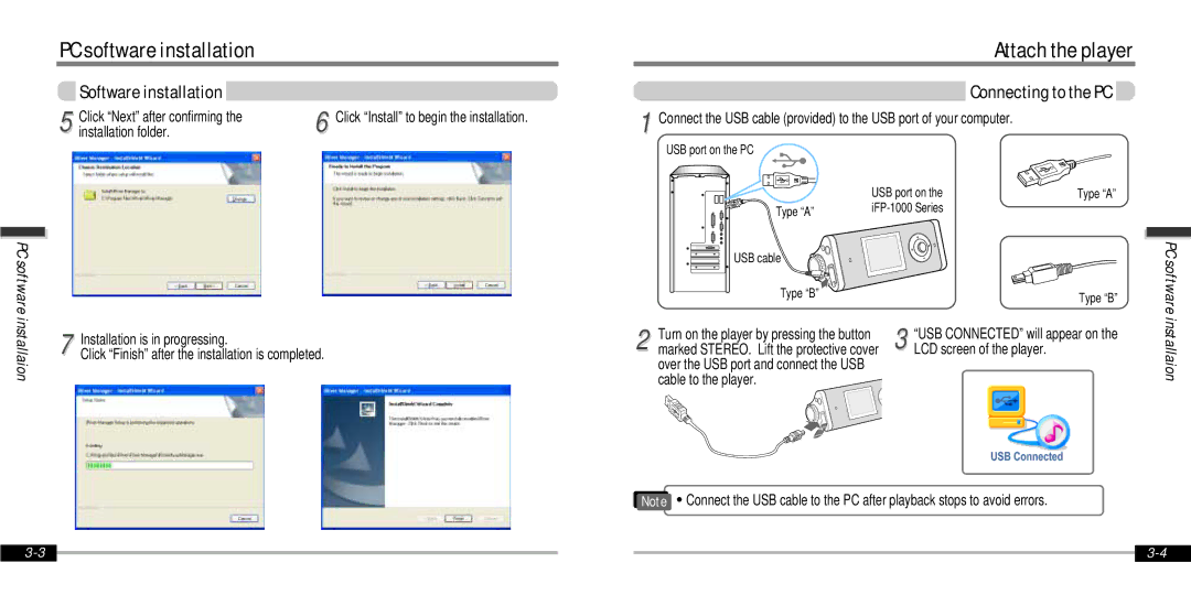 IRiver IFP-1000 instruction manual Attach the player, Connecting to the PC 