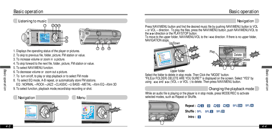 IRiver IFP-1000 instruction manual Listening to music, NavigationMenu, Changing the playback mode, Repeat Shuffle 